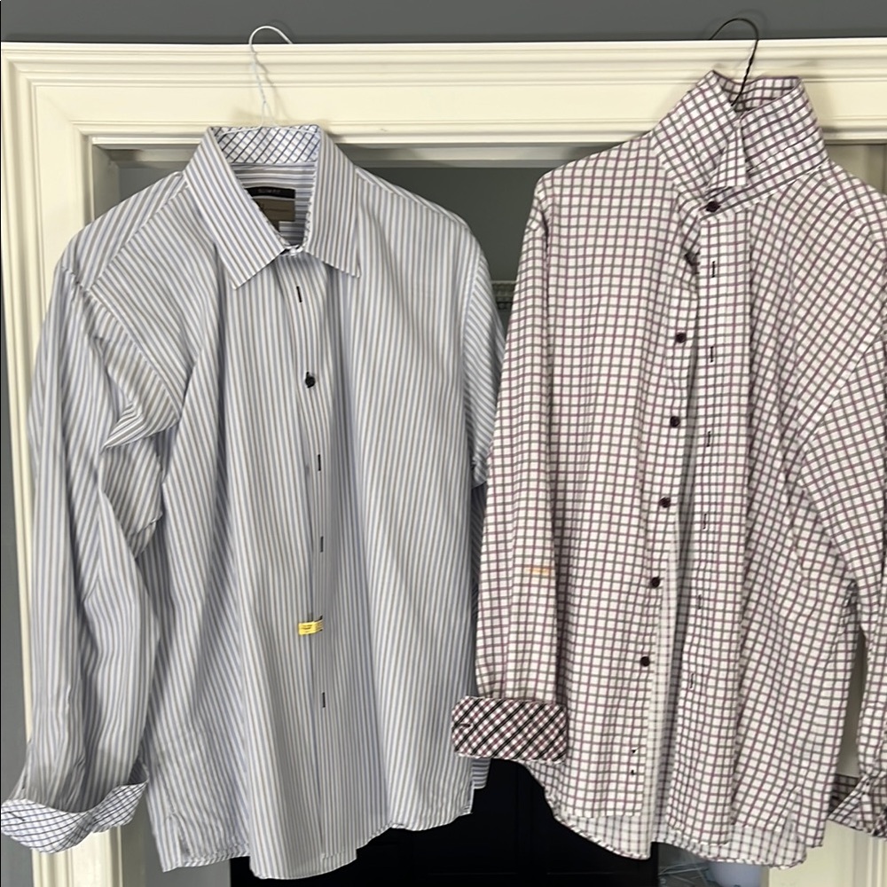 (2) Designer Blue/Grey & Red/White Casual Button Down Shirts Printed Cuffs - XL